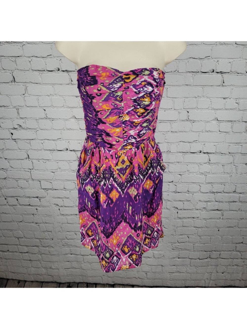Charlie Jade Pink & Purple Colorful Silk Blend Printed Strapless Mini Dress XS